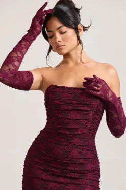Prego | Burgundy Lace Long Ruched Gloves