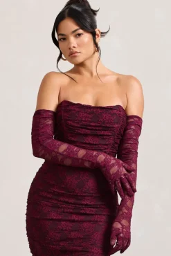 Prego | Burgundy Lace Long Ruched Gloves