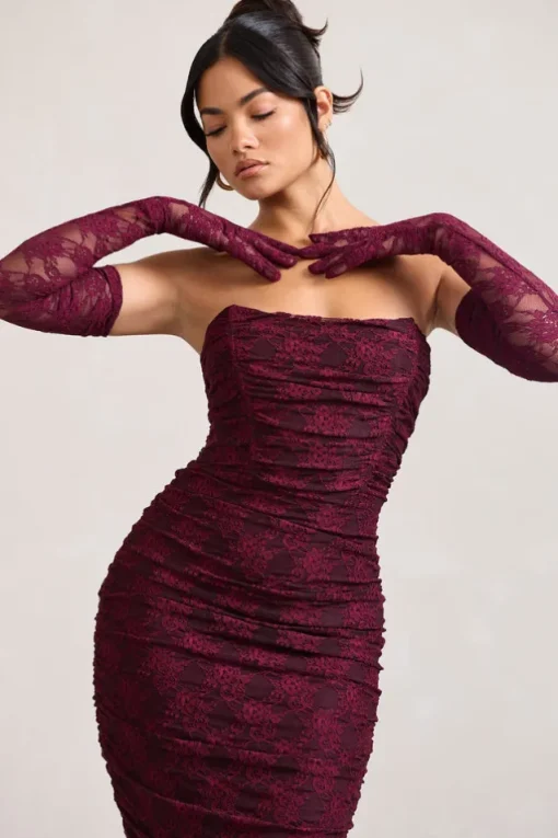 Prego | Burgundy Lace Long Ruched Gloves