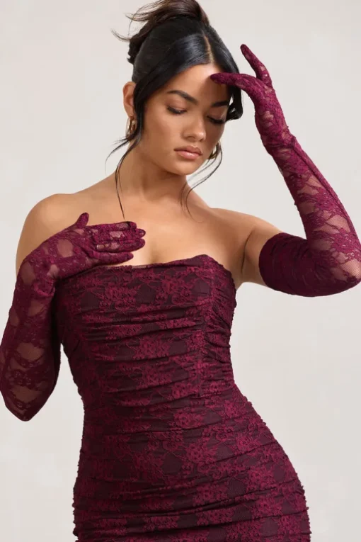 Prego | Burgundy Lace Long Ruched Gloves