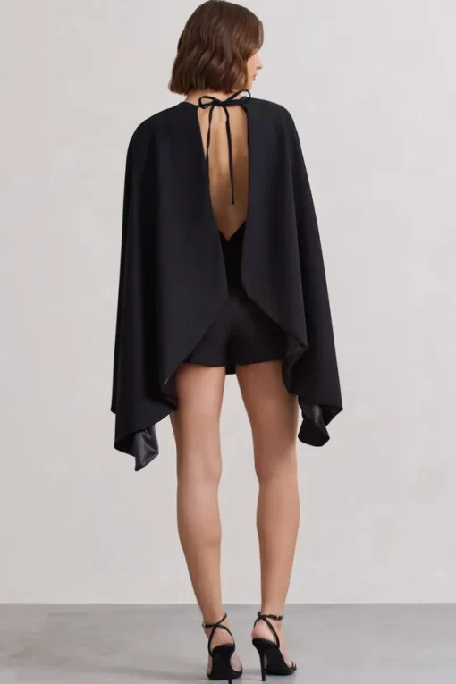 Presley | Black Backless Skort Playsuit With Cape