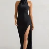 Priero | Black Cowl Halter-Neck Open Back Maxi Dress