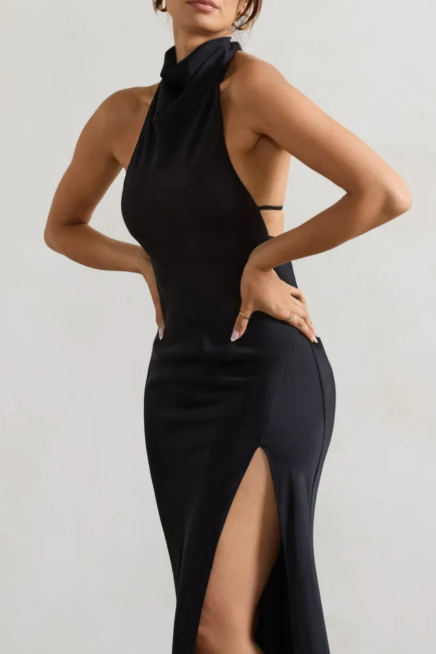 Priero | Black Cowl Halter-Neck Open Back Maxi Dress