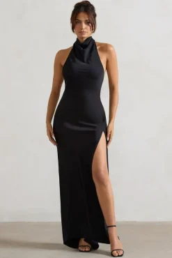 Priero | Black Cowl Halter-Neck Open Back Maxi Dress