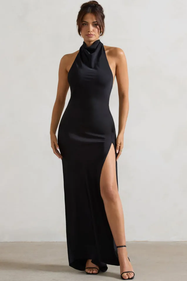 Priero | Black Cowl Halter-Neck Open Back Maxi Dress
