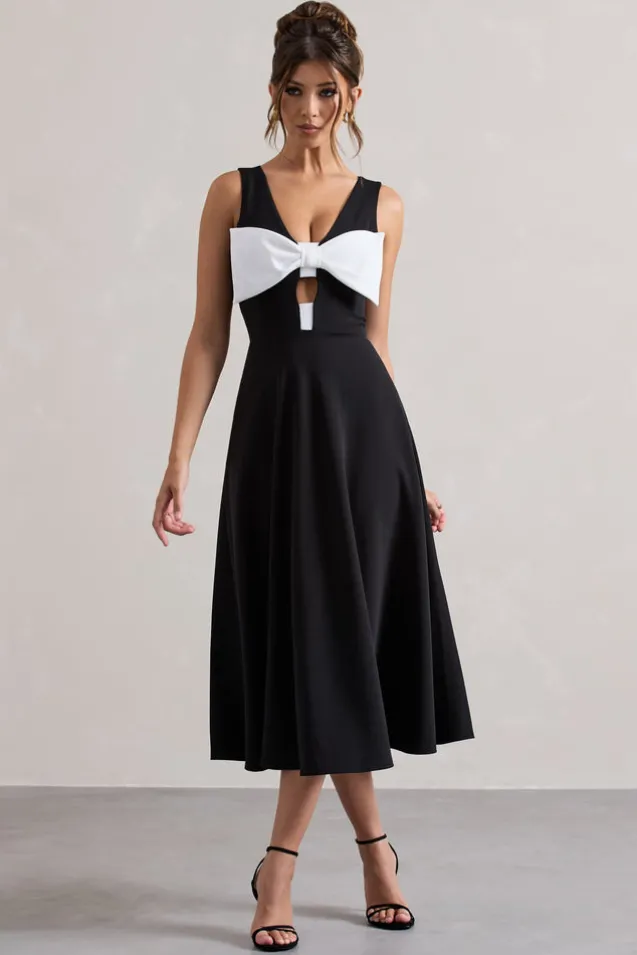 Primrose | Black Plunge-Neck Midi Dress With White Bow