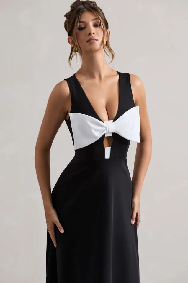Primrose | Black Plunge-Neck Midi Dress With White Bow