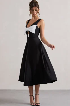 Primrose | Black Plunge-Neck Midi Dress With White Bow