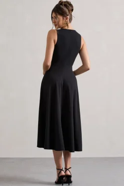 Primrose | Black Plunge-Neck Midi Dress With White Bow