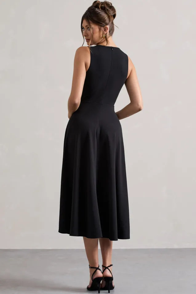 Primrose | Black Plunge-Neck Midi Dress With White Bow