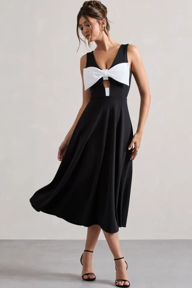 Primrose | Black Plunge-Neck Midi Dress With White Bow