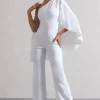 Pristine | White One Shoulder Cape Sleeve Flared-Leg Jumpsuit