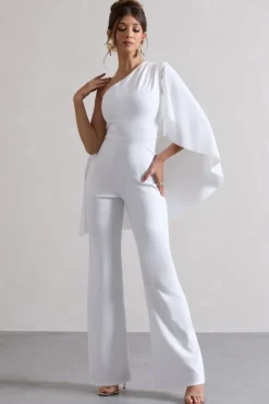 Pristine | White One Shoulder Cape Sleeve Flared-Leg Jumpsuit