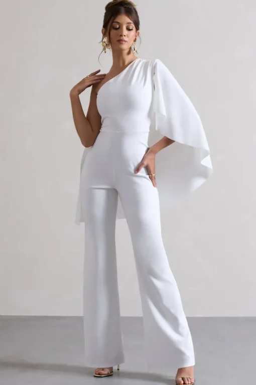 Pristine | White One Shoulder Cape Sleeve Flared-Leg Jumpsuit