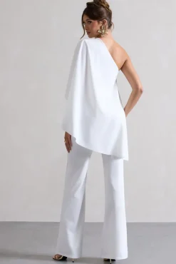 Pristine | White One Shoulder Cape Sleeve Flared-Leg Jumpsuit