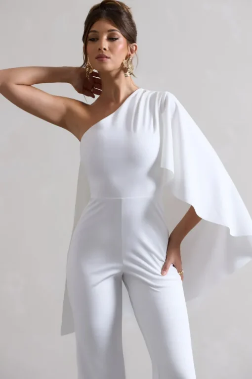Pristine | White One Shoulder Cape Sleeve Flared-Leg Jumpsuit