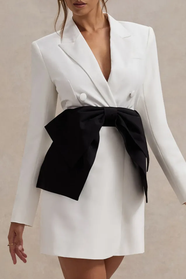 Prized | White Tailored Blazer Dress With Black Bow