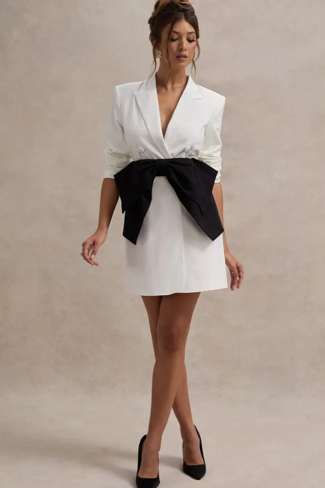 Prized | White Tailored Blazer Dress With Black Bow