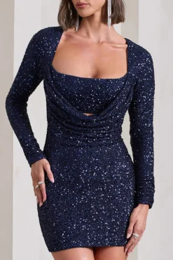 Pure Intentions | Blue Sequin Long-Sleeve Cowl Mini Dress