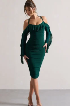Quinn | Bottle Green Ruched Strappy Long-Sleeved Midi Dress With Ruffles