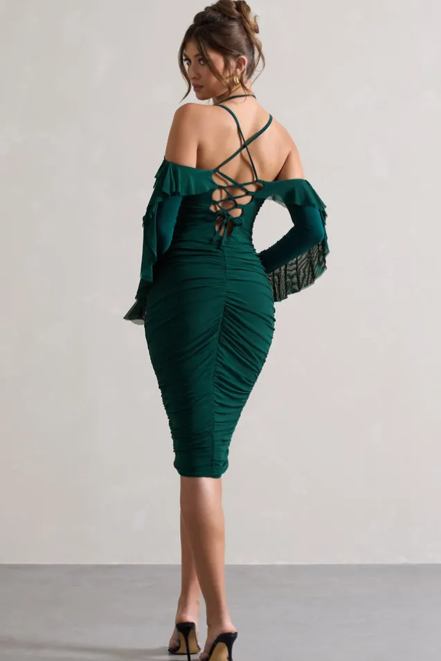 Quinn | Bottle Green Ruched Strappy Long-Sleeved Midi Dress With Ruffles