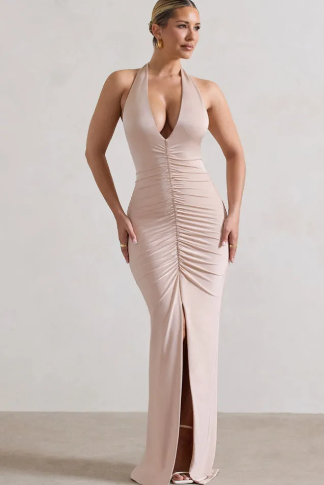 Rachel | Champagne Ruched Halter-Neck Split Maxi Dress