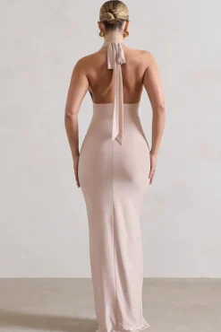 Rachel | Champagne Ruched Halter-Neck Split Maxi Dress