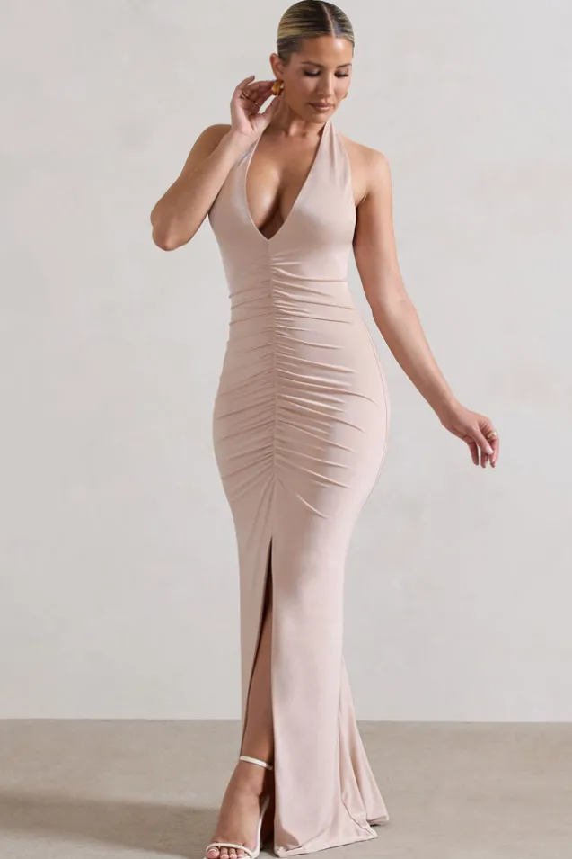 Rachel | Champagne Ruched Halter-Neck Split Maxi Dress