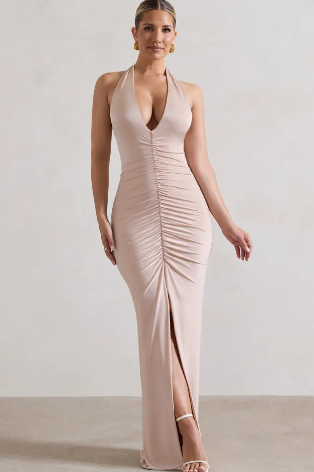 Rachel | Champagne Ruched Halter-Neck Split Maxi Dress