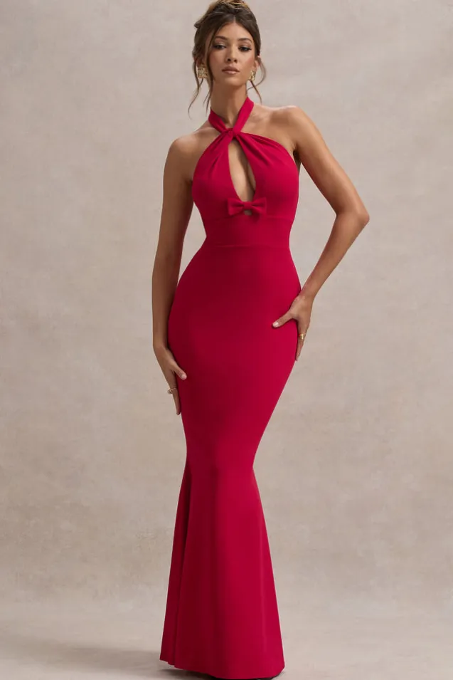 Raelynn | Red Halter-Neck Cut-Out Maxi Dress With Bow