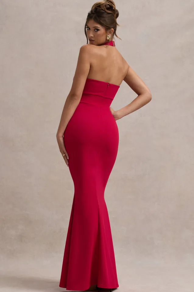 Raelynn | Red Halter-Neck Cut-Out Maxi Dress With Bow