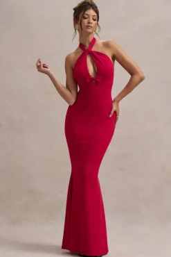 Raelynn | Red Halter-Neck Cut-Out Maxi Dress With Bow
