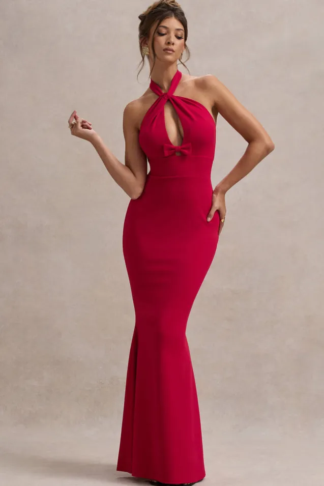Raelynn | Red Halter-Neck Cut-Out Maxi Dress With Bow