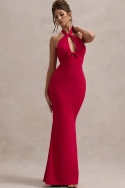 Raelynn | Red Halter-Neck Cut-Out Maxi Dress With Bow