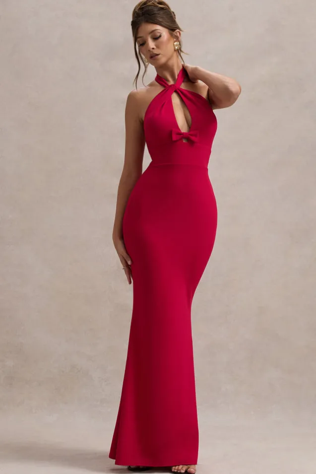 Raelynn | Red Halter-Neck Cut-Out Maxi Dress With Bow