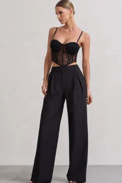 Raina | Black High Waist Pleated Wide-Leg Trousers