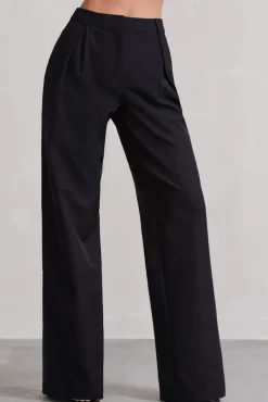 Raina | Black High Waist Pleated Wide-Leg Trousers