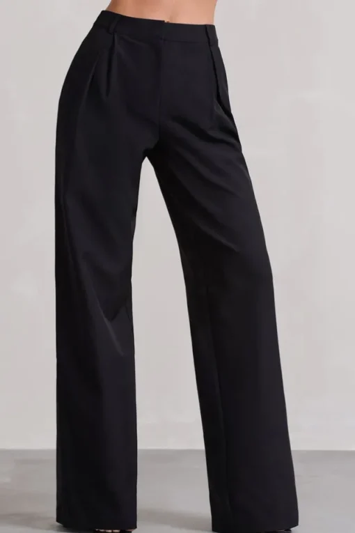 Raina | Black High Waist Pleated Wide-Leg Trousers