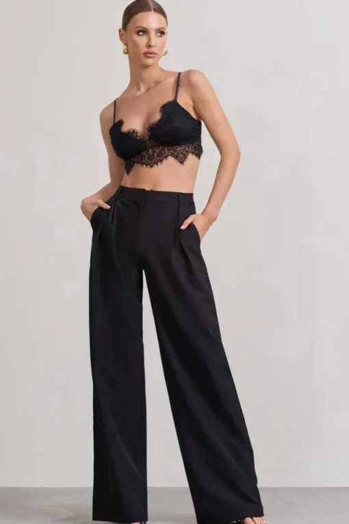Raina | Black High Waist Pleated Wide-Leg Trousers