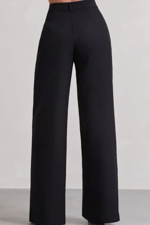 Raina | Black High Waist Pleated Wide-Leg Trousers