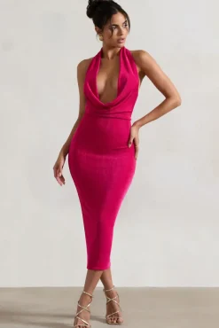 Raleigh | Hot Pink Cowl-Neck Midi Dress