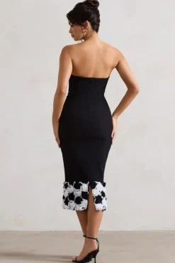 Ramona | Black Bodycon Sweetheart Midi Dress With Floral Trim