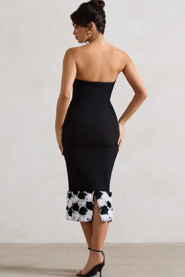 Ramona | Black Bodycon Sweetheart Midi Dress With Floral Trim