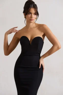 Ramona | Black Bodycon Sweetheart Midi Dress With Floral Trim