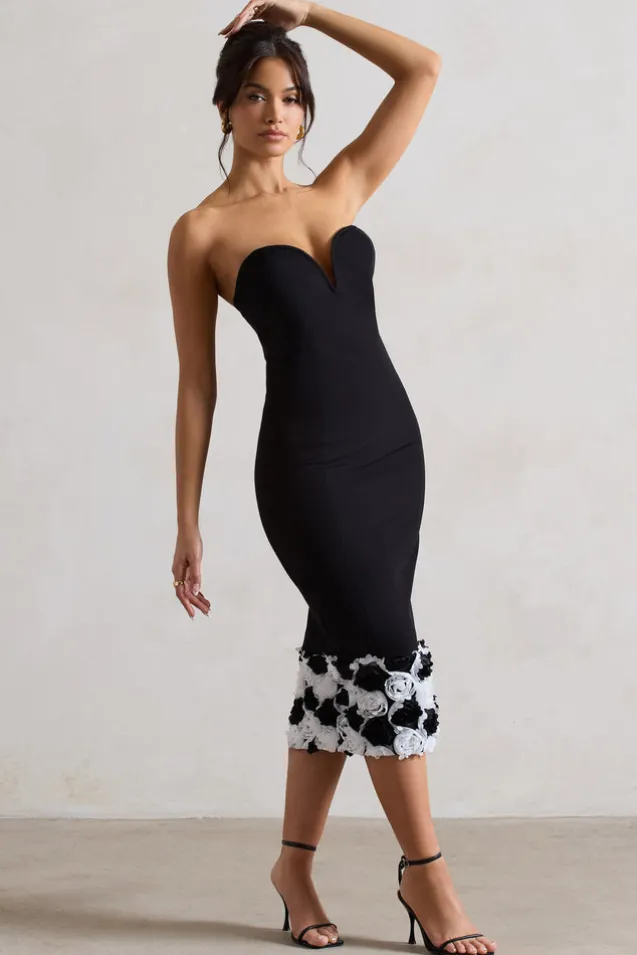Ramona | Black Bodycon Sweetheart Midi Dress With Floral Trim