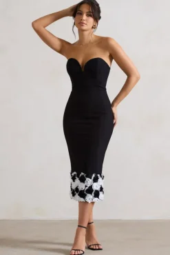 Ramona | Black Bodycon Sweetheart Midi Dress With Floral Trim