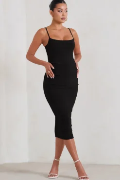 Raquel | Black Maternity Cami Midi Dress With Split