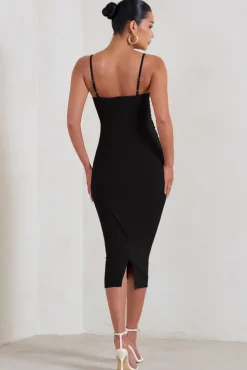 Raquel | Black Maternity Cami Midi Dress With Split