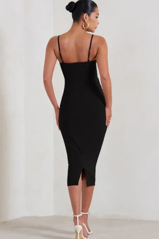 Raquel | Black Maternity Cami Midi Dress With Split