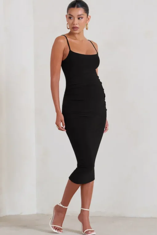 Raquel | Black Maternity Cami Midi Dress With Split